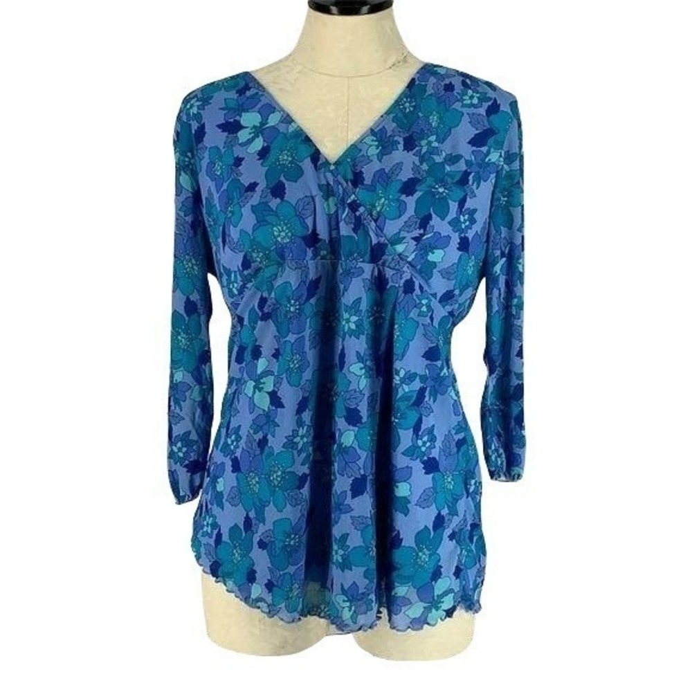 Motherhood Maternity Blue Floral V-Neck Blouse Size Medium Tie Back Blouse